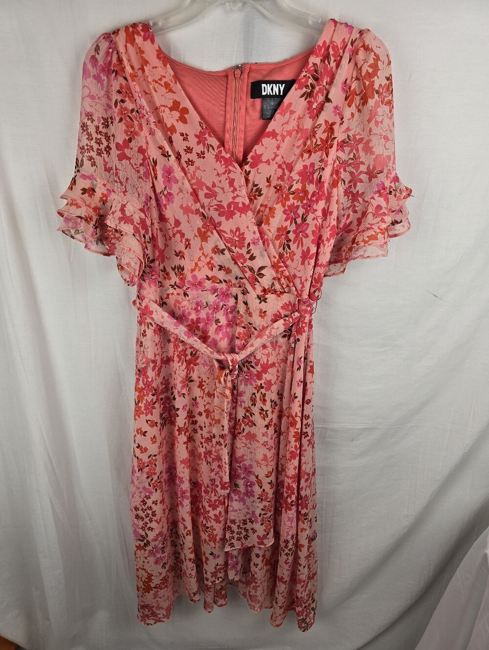 DKNY Peach Floral Midi Short Sleeve Dress With Tie Sz 8